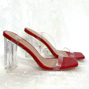 Azalea Wang Red with Transparent Straps and Clear Heels Square Toe Size …